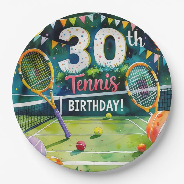 Tennis 30th Birthday themed Paper Plates (Front)