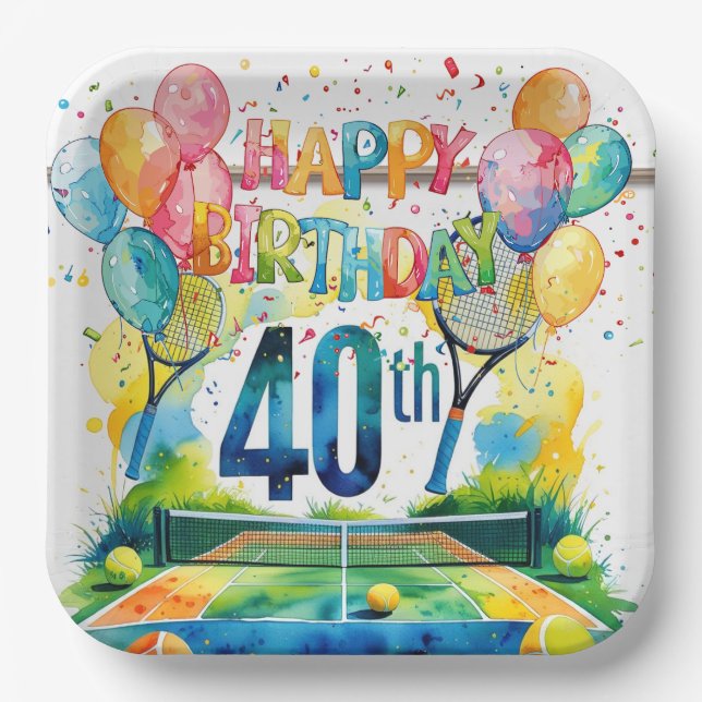 Tennis 40th Birthday  tennis ball and number Paper Plates (Front)