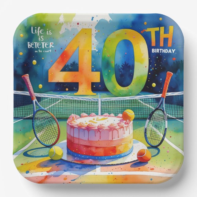 Tennis 40th Birthday  tennis ball and number Paper Plates (Front)