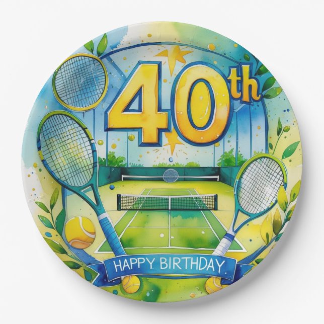 Tennis 40th Birthday  tennis ball and number Paper Plates (Front)
