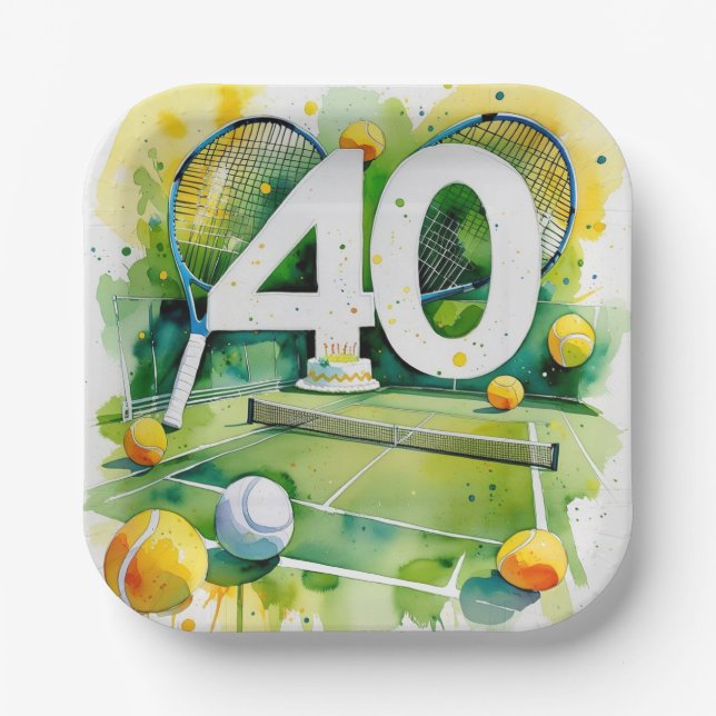Tennis 40th Birthday  tennis ball and number Paper Plates (Front)