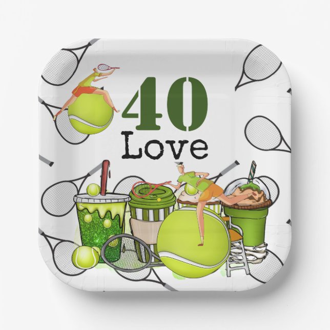 Tennis 40th Birthday  tennis ball number love Paper Plates (Front)