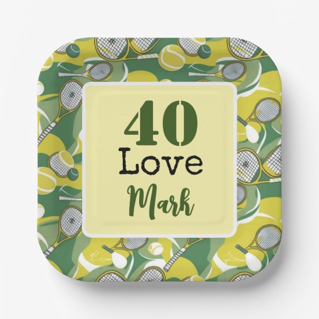 Tennis 40th Birthday  tennis ball number love Paper Plates (Front)