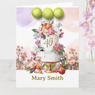 Tennis 40th Birthday with cake and number forty Card