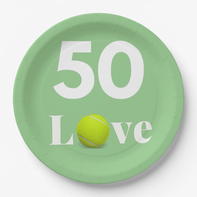 Tennis 50th Birthday Anniversary with LOVE text   Paper Plates (Front)