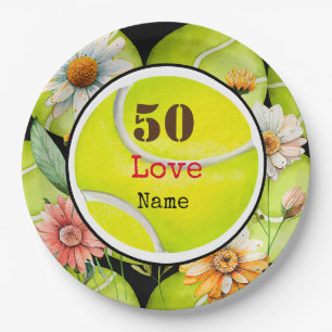 Tennis 50th Birthday ball with Daisy Flowers Paper Plates