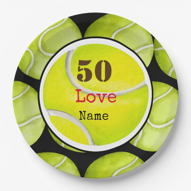 Tennis 50th Birthday ball with love and name     Paper Plates (Front)