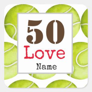 Tennis 50th Birthday ball with love and name     Square Sticker