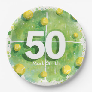 Tennis 50th Birthday Balls on the court Paper Plates