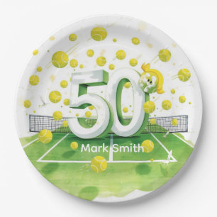 Tennis 50th Birthday Balls on the court Paper Plates