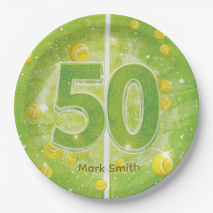 Tennis 50th Birthday Balls on the court Paper Plates