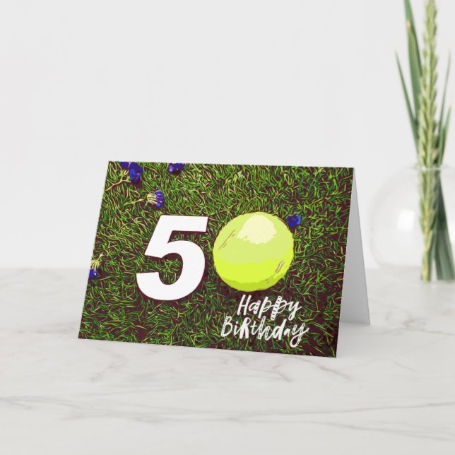 Tennis 50th Birthday card with ball on green (Front)