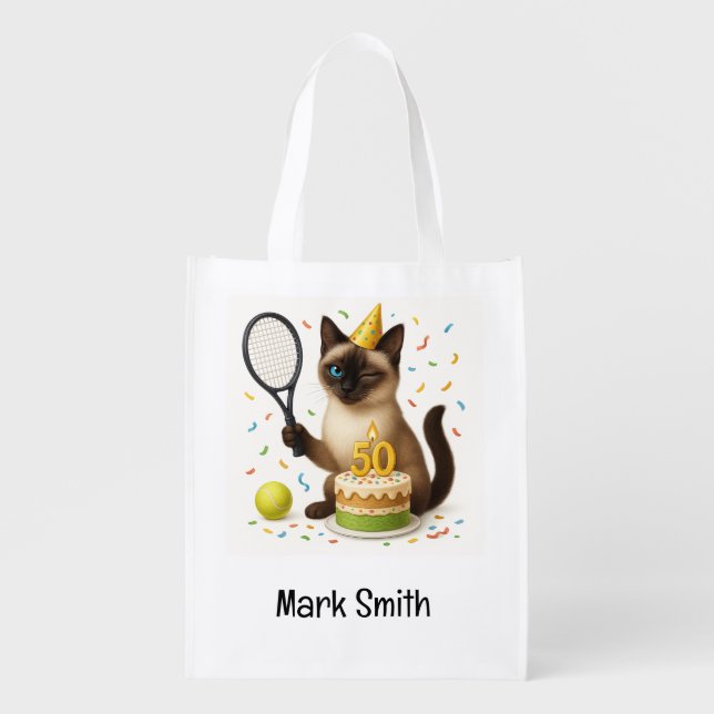 Tennis 50th Birthday for Cat Lovers Grocery Bag (Front)