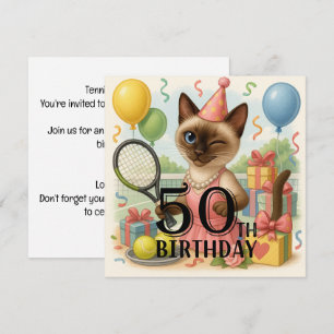 Tennis 50th Birthday for Cat Lovers Invitation