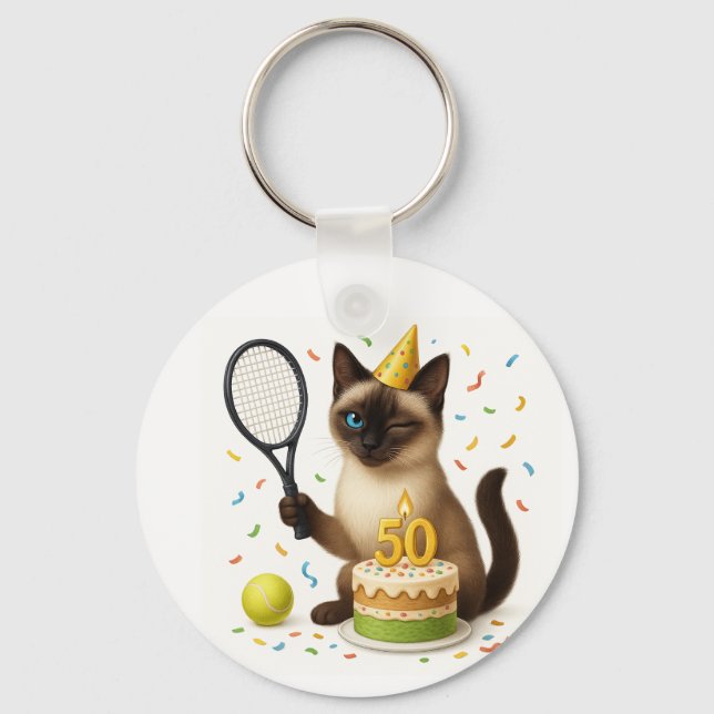 Tennis 50th Birthday for Cat Lovers Keychain (Front)