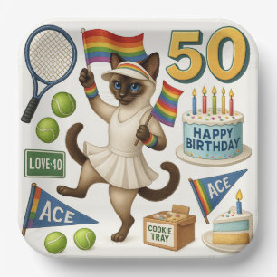 Tennis 50th Birthday for Cat Lovers Paper Plates