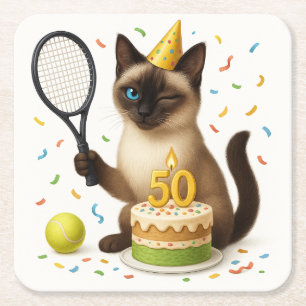 Tennis 50th Birthday for Cat Lovers Square Paper Coaster