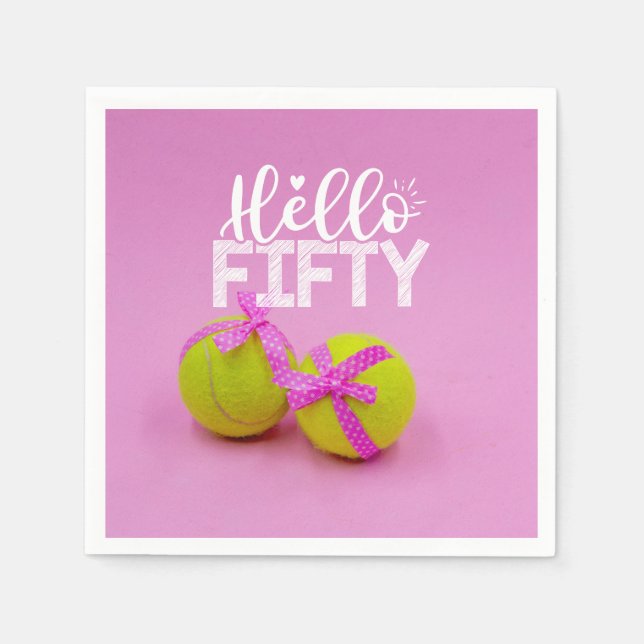 Tennis 50th Birthday  Hello fifty with pink ribbon Napkins (Front)