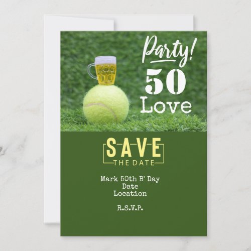 Tennis 50th Birthday  tennis ball and beer  party Invitation