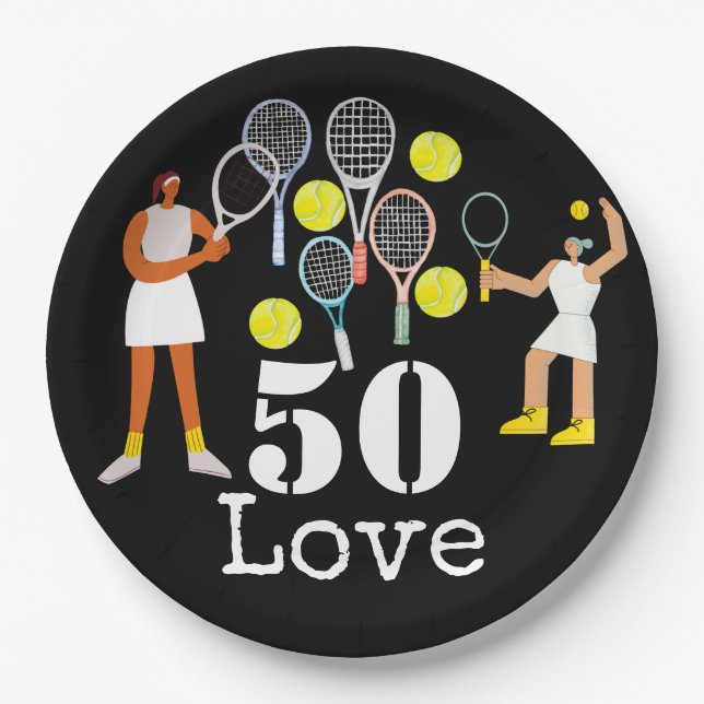 Tennis 50th Birthday  tennis ball and number Black Paper Plates (Front)