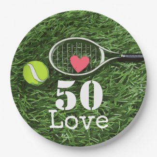Tennis 50th Birthday tennis ball and number love Paper Plate