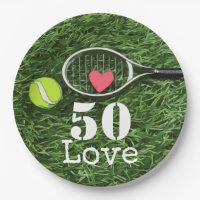 Tennis 50th Birthday tennis ball and number love Paper Plate