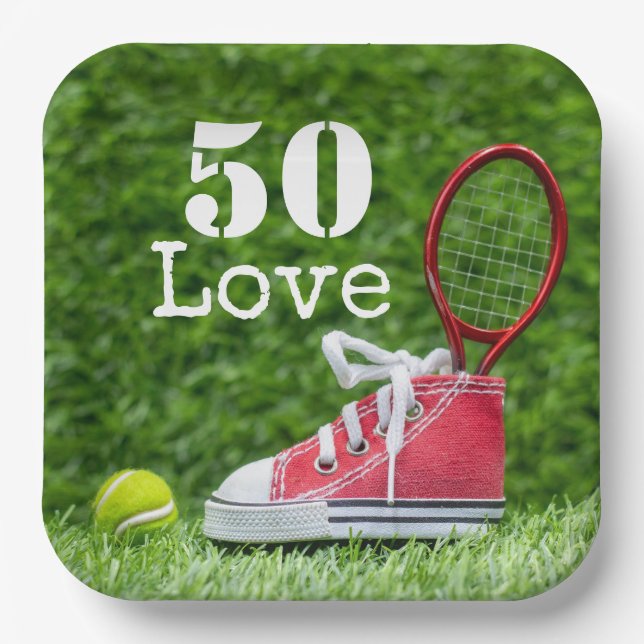 Tennis 50th Birthday  tennis ball and number love Paper Plates (Front)