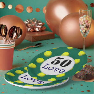 Tennis 50th Birthday tennis ball and number love Paper Plates