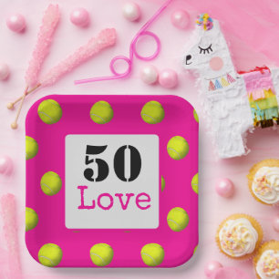 Tennis 50th Birthday tennis ball and number love Paper Plates
