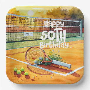 Tennis 50th Birthday tennis ball and number love Paper Plates