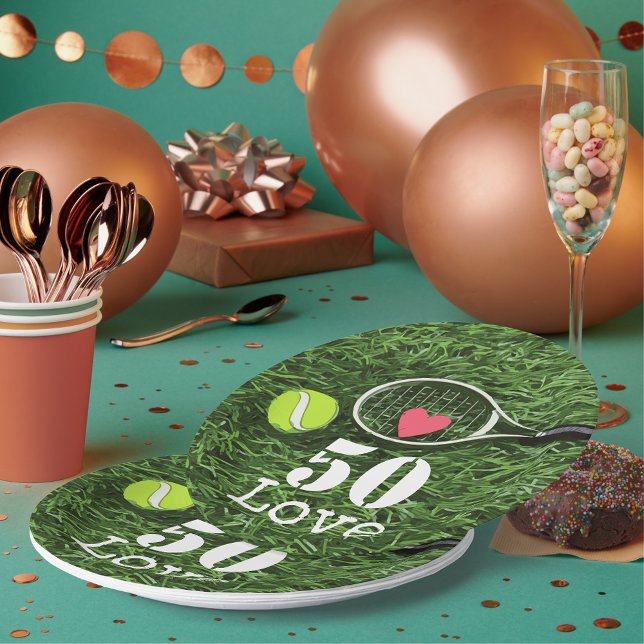 Tennis 50th Birthday  tennis ball and number love Paper Plates (Creator Uploaded)