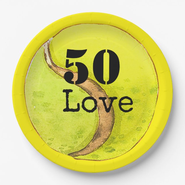 Tennis 50th Birthday  tennis ball and number love  Paper Plates (Front)