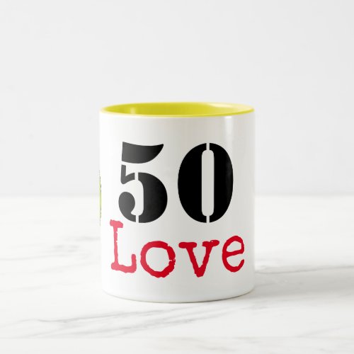 Tennis 50th Birthday  tennis ball and number love  Two_Tone Coffee Mug