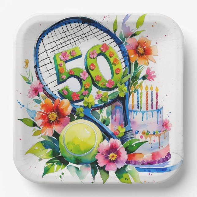 Tennis 50th Birthday  tennis ball and number  Paper Plates (Front)
