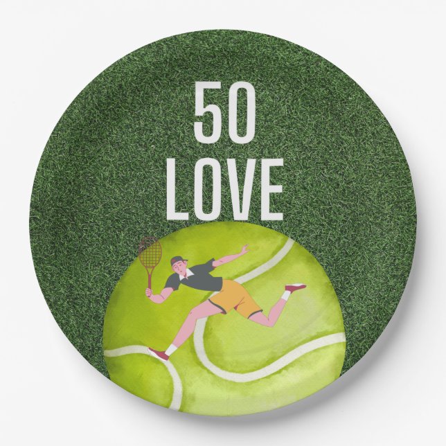 Tennis 50th Birthday  tennis ball and player green Paper Plates (Front)