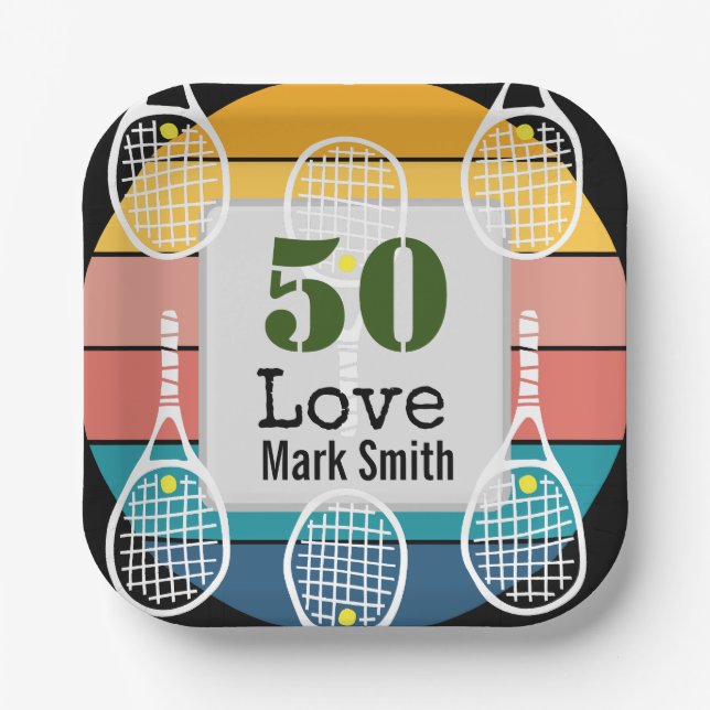 Tennis 50th Birthday  tennis ball number love   Paper Plates (Front)