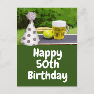 Tennis 50th Birthday with Ball and Beer Postcard