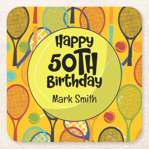 Tennis 50th Birthday with Name on Racket Themed Square Paper Coaster