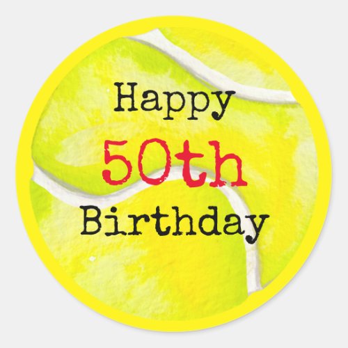 Tennis 50th Birthday with tennis ball and number Classic Round Sticker