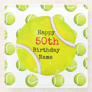 Tennis 50th Birthday with tennis ball and number Glass Coaster