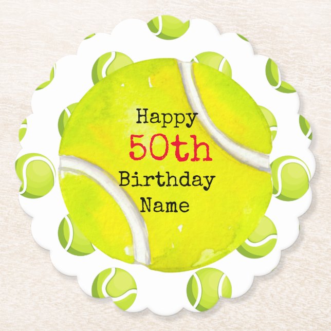 Tennis 50th Birthday with tennis ball and number   Paper Coaster (Front)