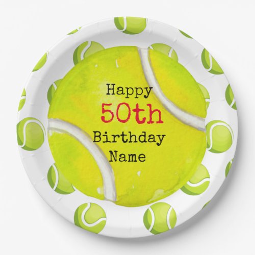 Tennis 50th Birthday with tennis ball and number   Paper Plates