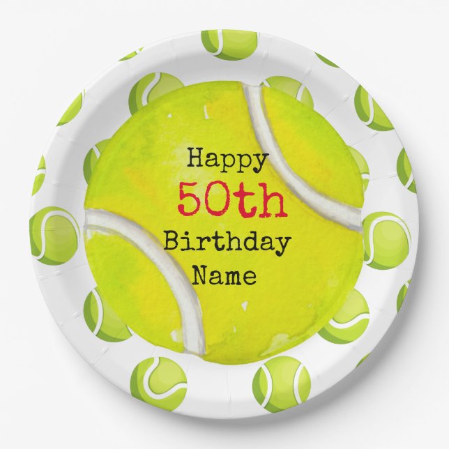 Tennis 50th Birthday with tennis ball and number   Paper Plates (Front)