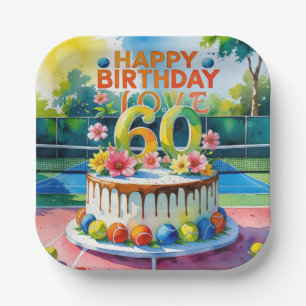Tennis 60th Birthday tennis ball number love Pap Paper Plates
