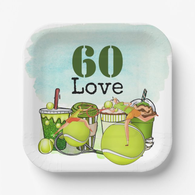 Tennis 60th Birthday  tennis ball number love  Pap Paper Plates (Front)