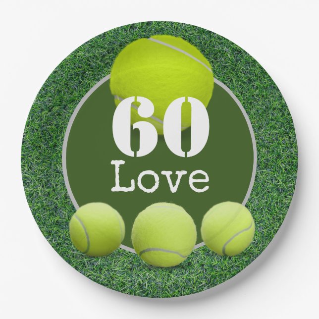 Tennis 60th Birthday  tennis ball number love   Paper Plates (Front)