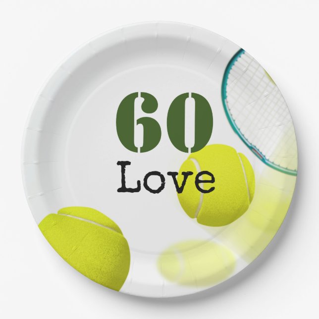 Tennis 60th Birthday  tennis ball number love   Paper Plates (Front)