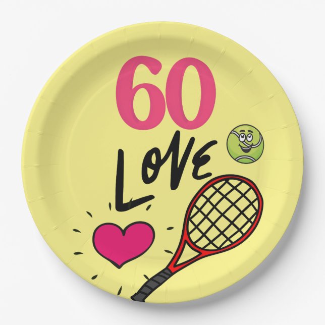 Tennis 60th Birthday with racket for Party  Paper Plates (Front)