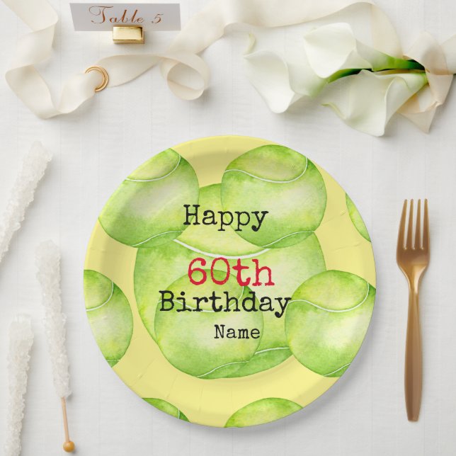 Tennis 60th Birthday with tennis ball and number  Paper Plates (Wedding)