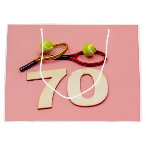 Tennis 70th Birthday with ball and racket on pink Large Gift Bag